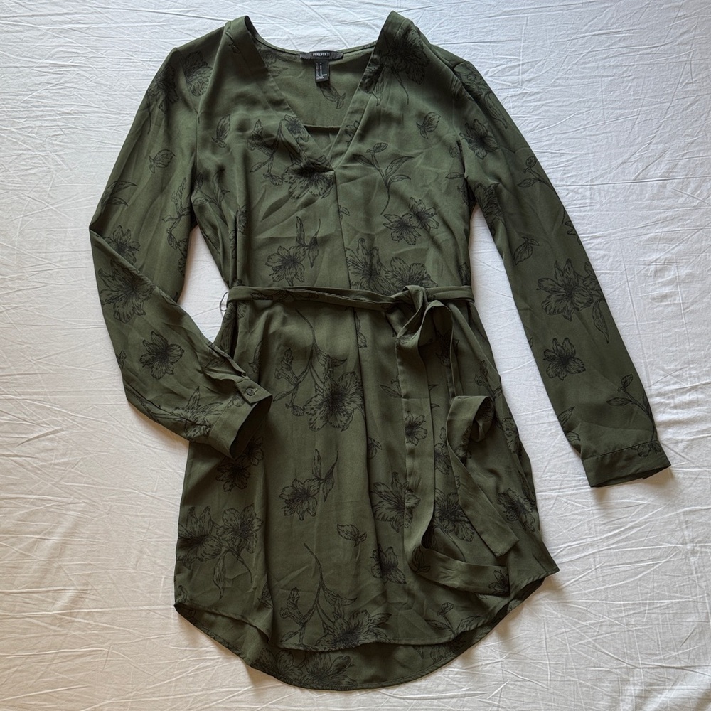 Forever 21 Olive Floral Long Sleeve Dress